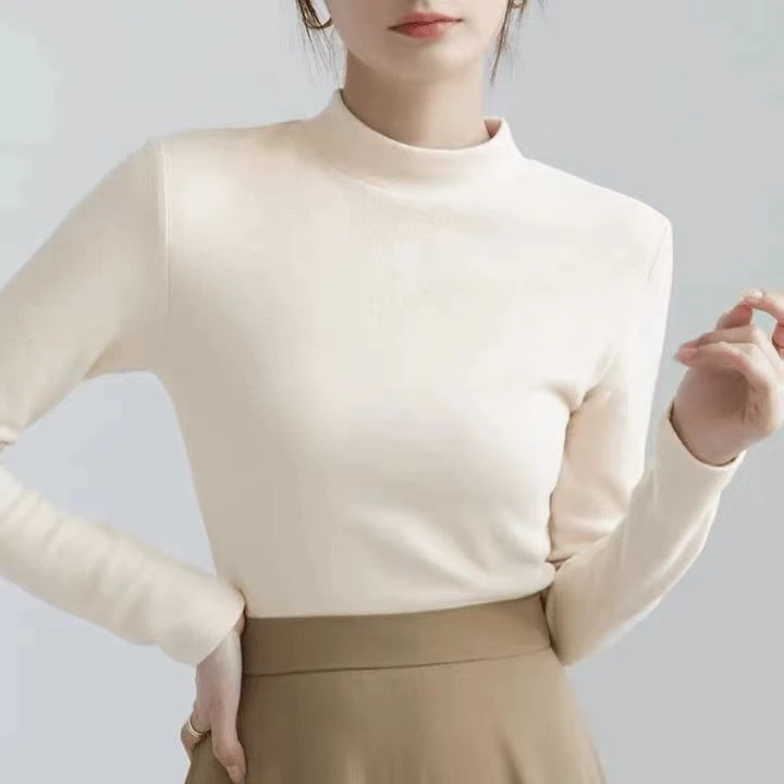 双面德绒半高领打底衫女加绒保暖中领上衣内搭立领长袖打底t恤女