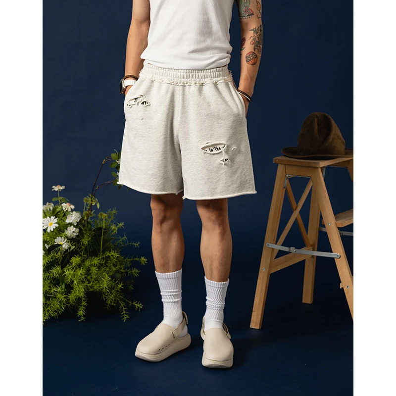 Liberty line涂鸦字轻水洗手工磨破new vintage浅色蓬松毛圈短裤