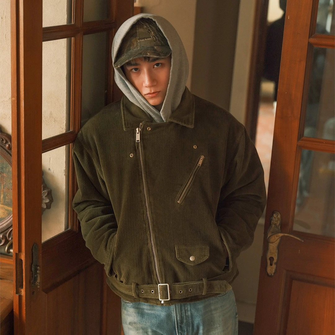 Liberty line24aw美式复古经典机车风格水洗灯芯绒斜拉链夹克棉服