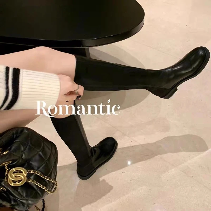 牛皮版~葡萄妈同款方头粗跟中高筒不过膝瘦瘦骑士靴女真皮秋冬款