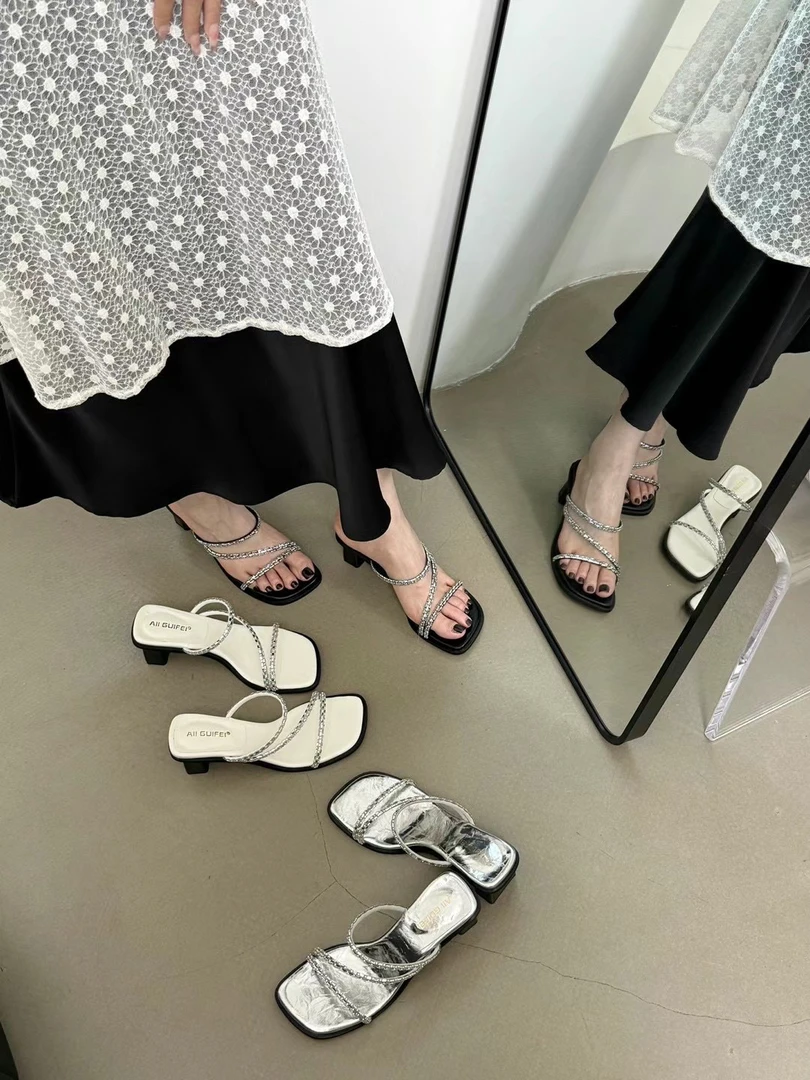 1800-5夏季粗跟百搭凉拖鞋法式外穿仙女风方头凉鞋女鞋时尚高跟