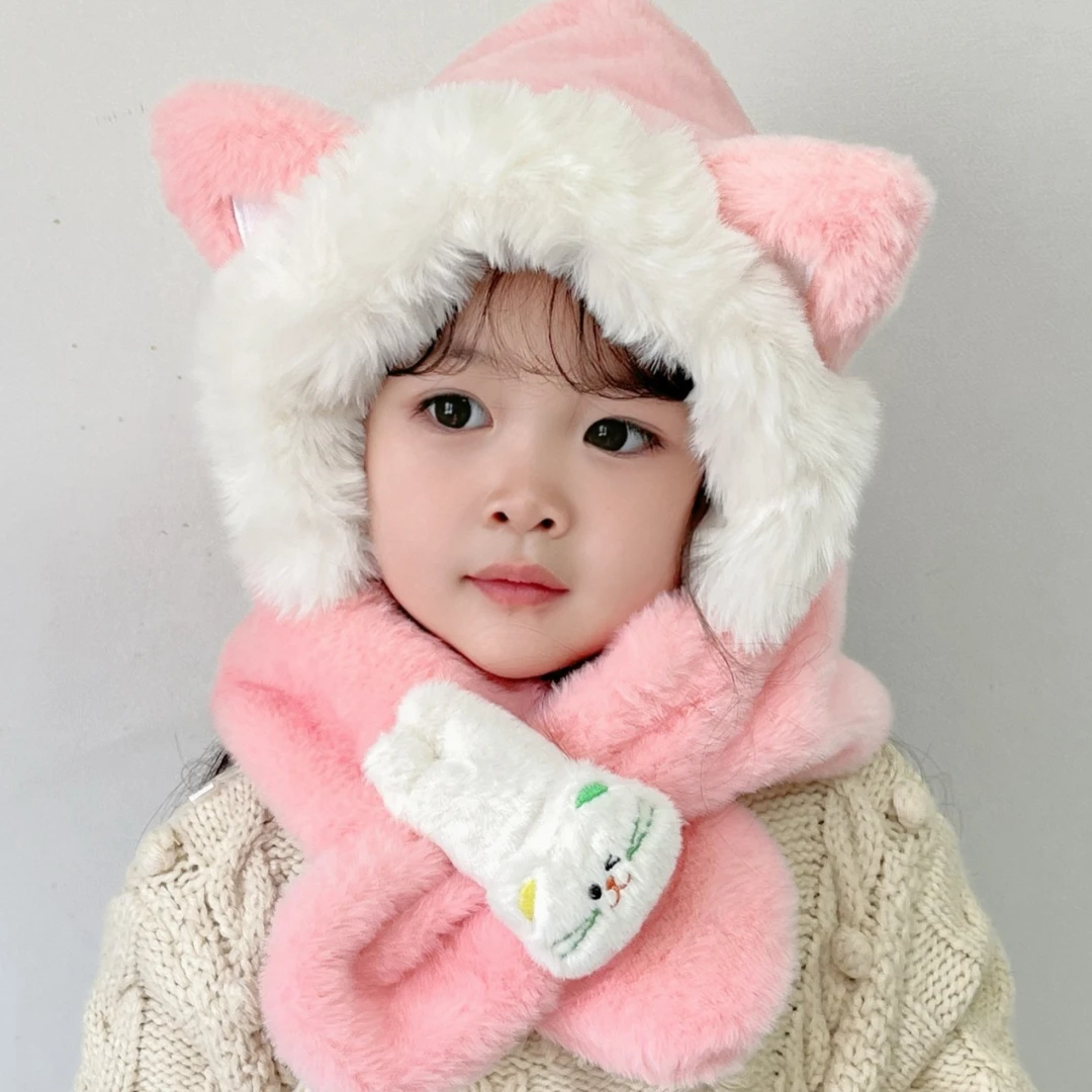 儿童帽子围巾手套二件套冬季加绒加厚女童一体帽男宝宝保暖防风帽