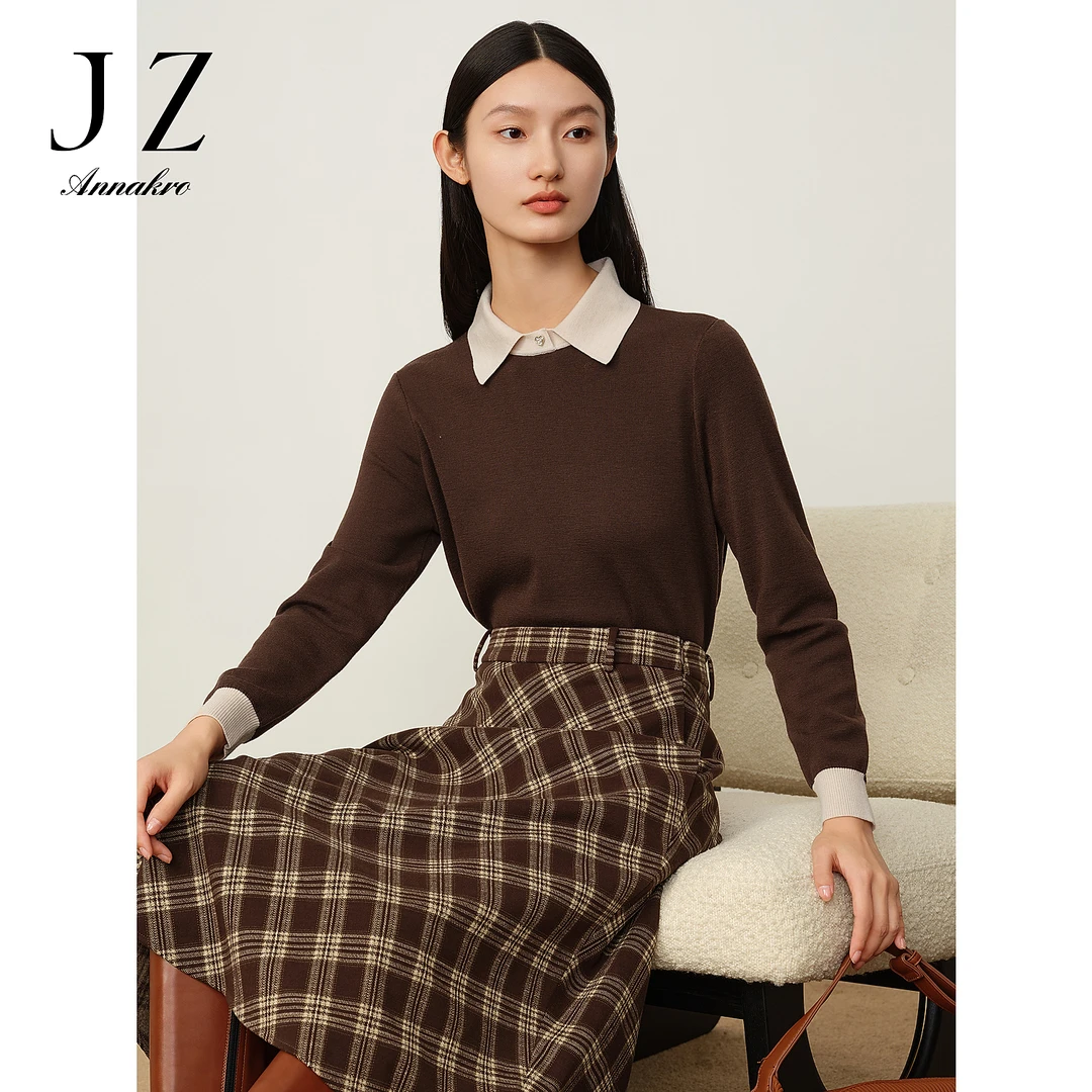 【撞色翻领设计】玖姿JTDD31062安娜蔻针织纯羊毛长女2024冬季新款