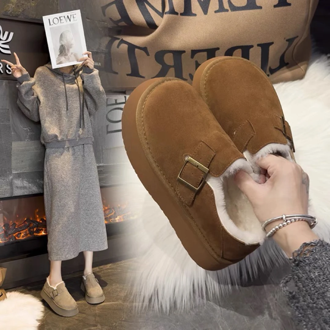 秋冬加绒雪地靴单鞋女2025年新款百搭韩版厚底复古加绒勃肯鞋棉鞋