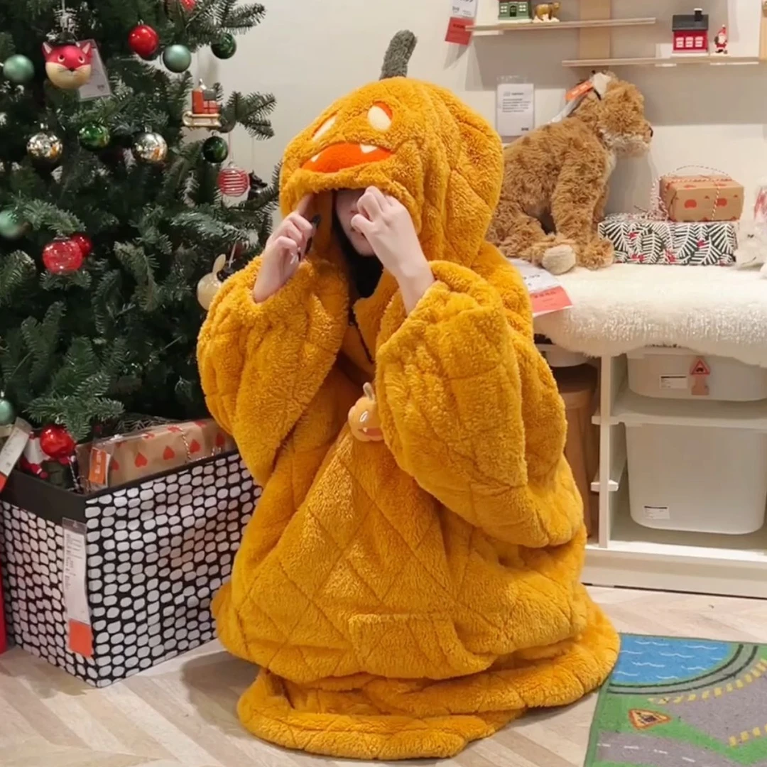 【现货】 南瓜加厚睡衣加绒冬季家居服男女大码长款ins