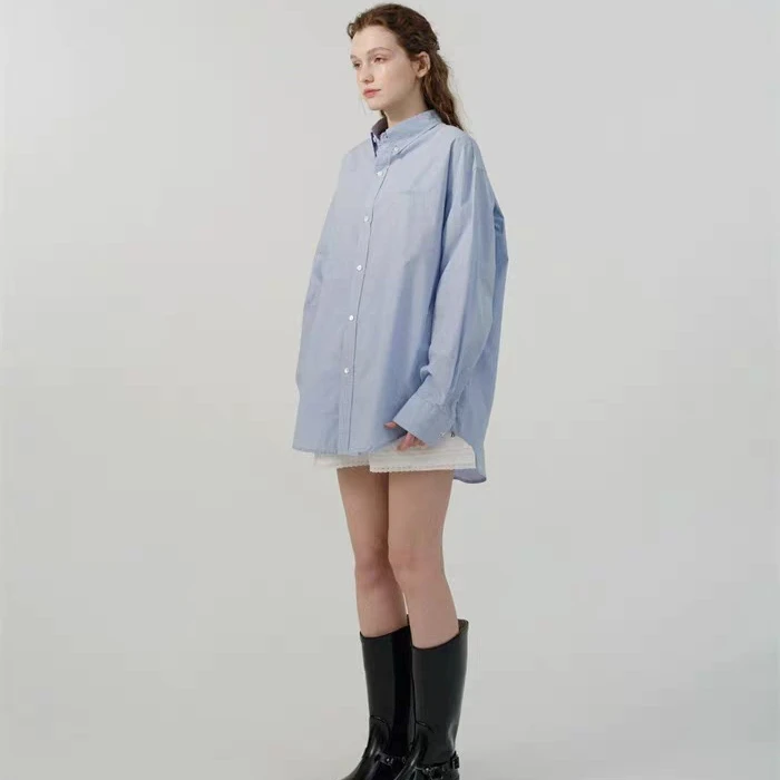 【韩珠恩专属细条纹衬衫】韩系字母刺绣宽松休闲小众设计感长袖衬衫