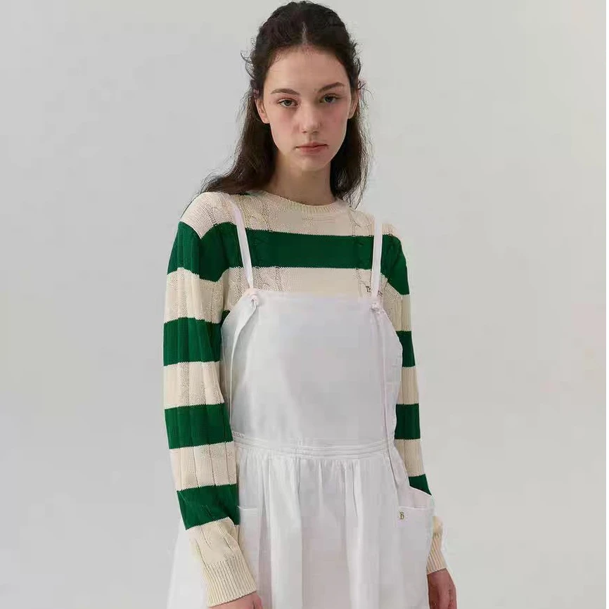 【韩珠恩专属经典绿条纹套头毛衣】春秋撞色百搭休闲