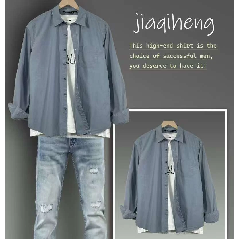 JIAQIHENG外贸原单秋季时尚100%棉新中式翻领长袖衬衫男士休闲衣
