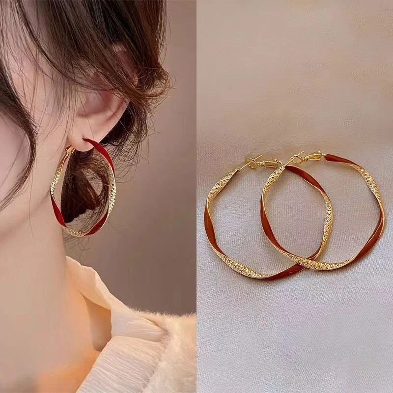 合金珐琅耳饰 红色扭纹大圆圈耳环女小众轻奢高级耳饰独特夸张