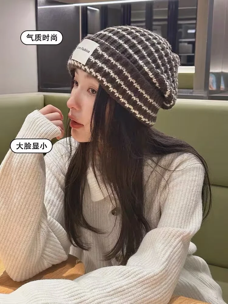 日系毛线帽子女秋冬季百搭保暖包头帽大头围显脸小护耳针织堆堆帽