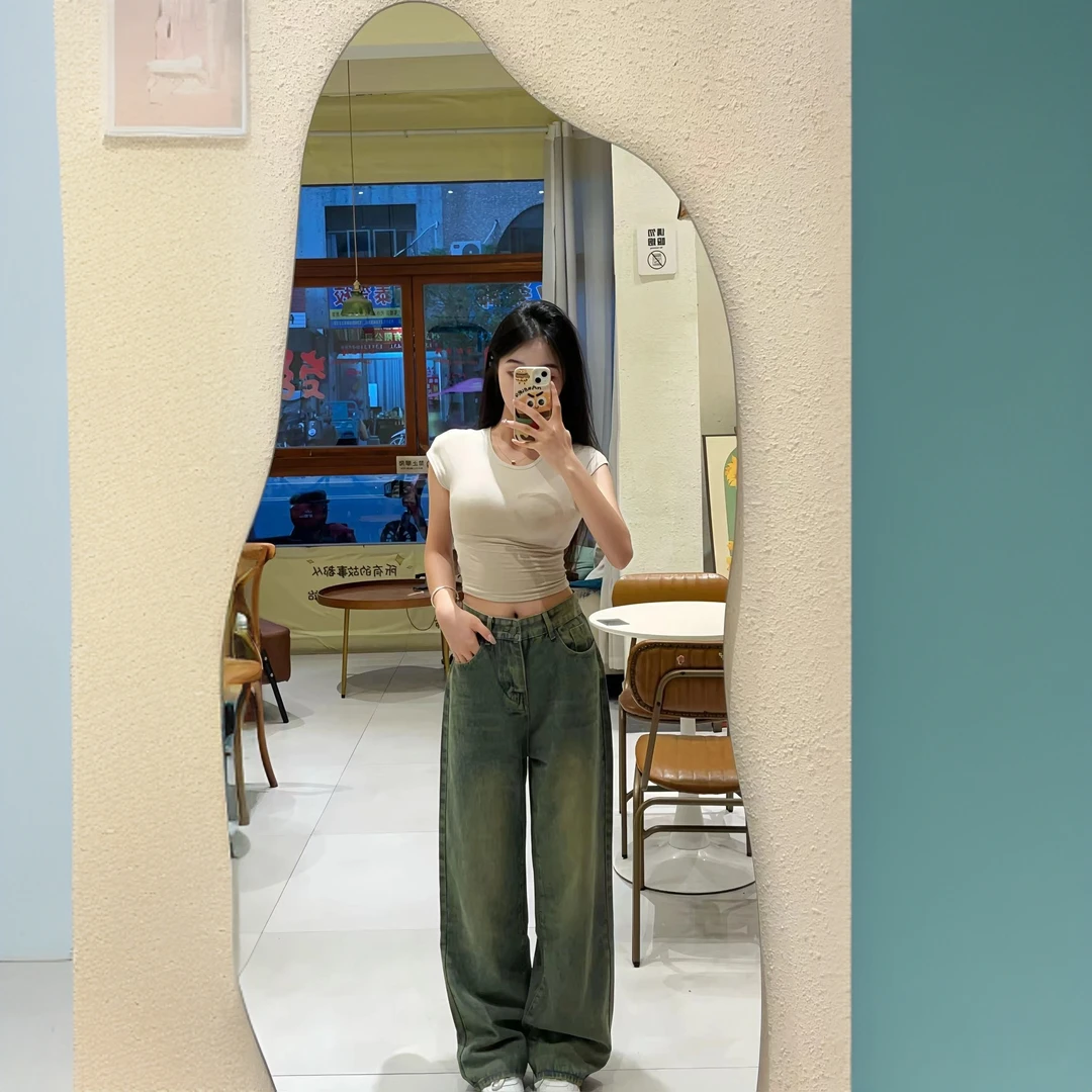 实价#2024新美式复古做旧阔腿牛仔裤女新款高腰显瘦直筒阔腿裤子