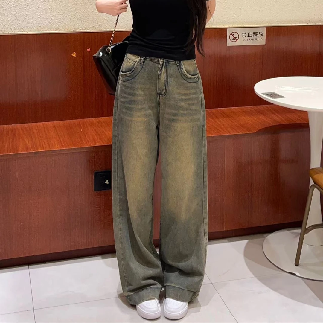 实价复古阔腿显瘦牛仔裤新款女做旧直筒美式阔腿裤子高腰#