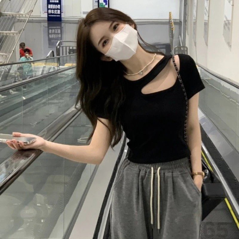 新款夏季纯欲风设计感镂空修身短款打底衫短袖T恤女外贸批发