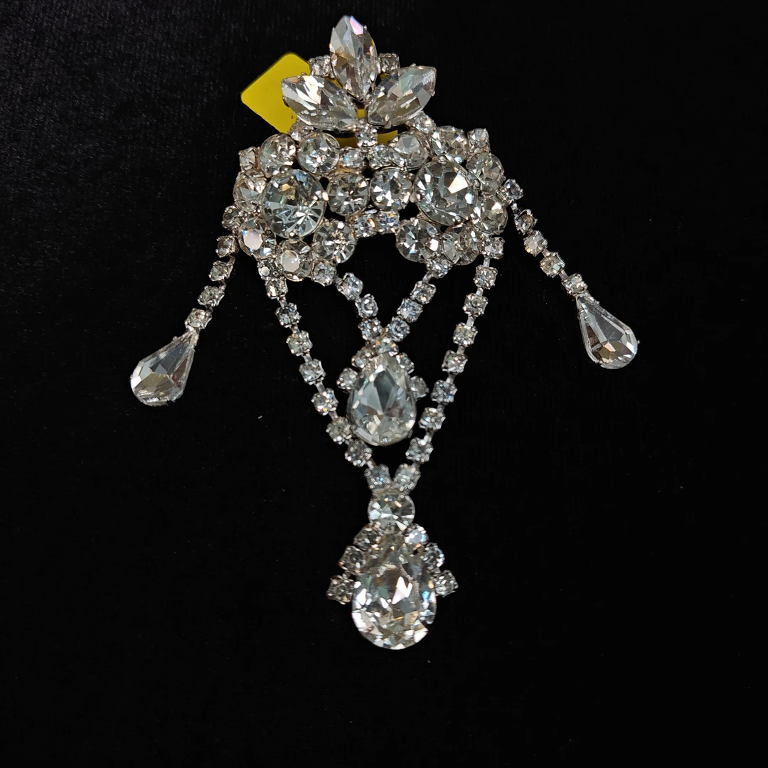 合金胸针 PP中古首饰 Vintage Weiss白色莱茵石水滴流苏胸针复古