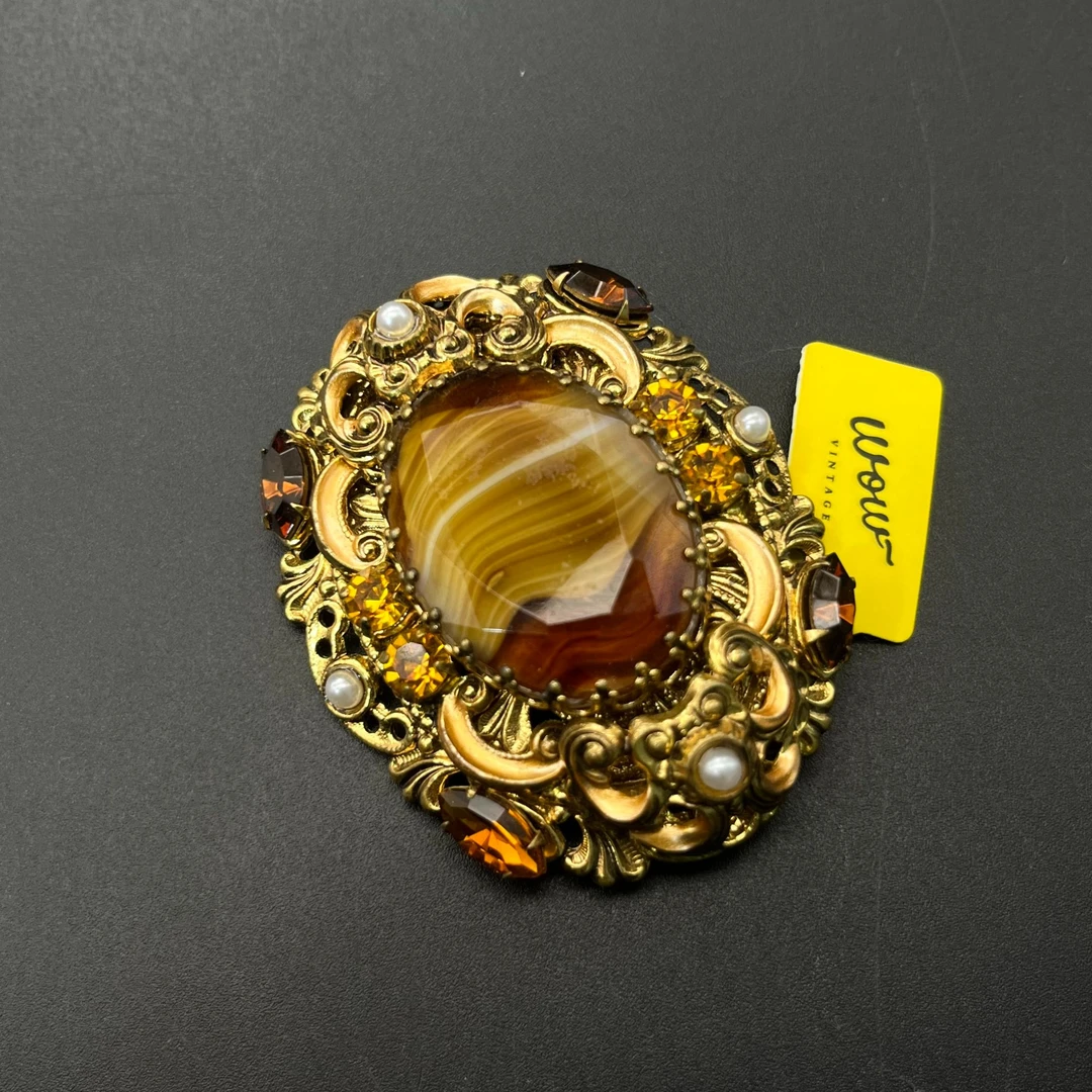 合金胸针 PP中古首饰 Vintage 西德茶色琉璃胸针