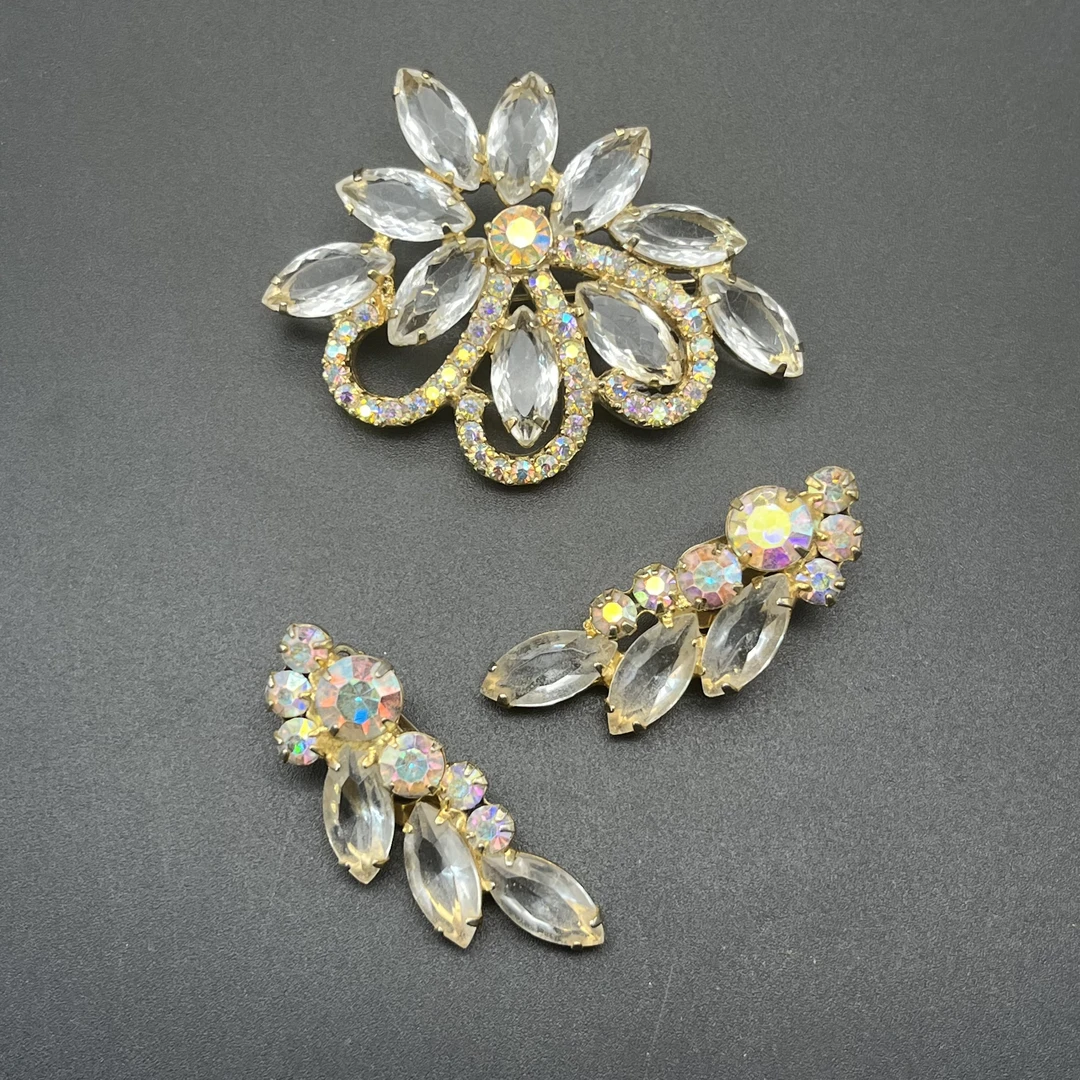 合金胸针 PP 中古vintage首饰Juliana朱莉安娜莱茵石胸针耳夹套