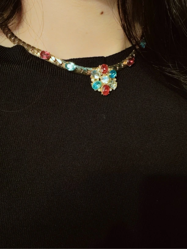 合金项链 ZZ 合集首饰复古彩色莱茵石金色项链合集组241103