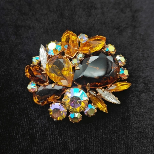 合金胸针 PP中古首饰 Vintage Juliana茱丽安娜茶色莱茵石胸针