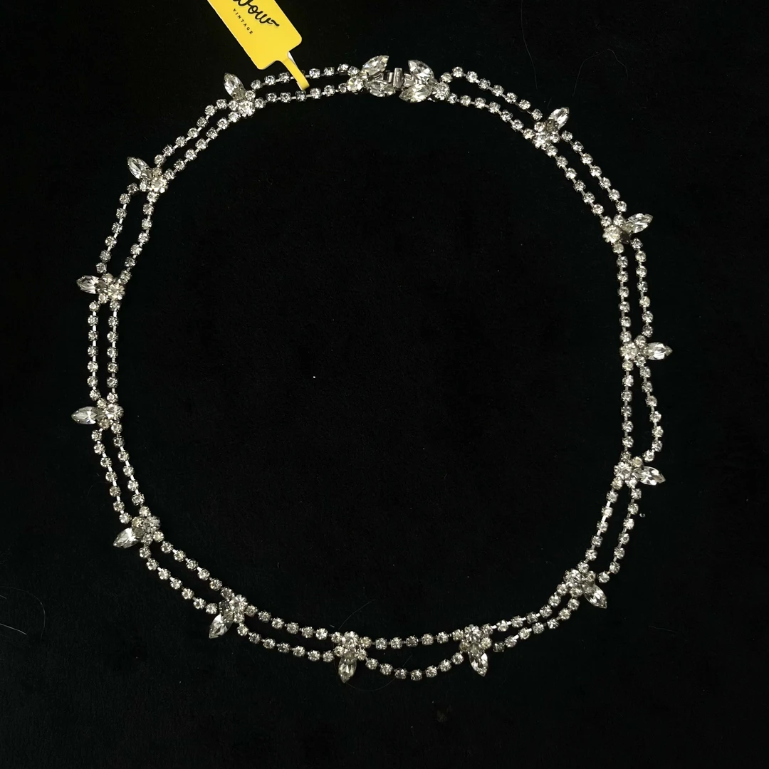 合金项链 PP中古首饰 Vintage Hobe复古白色莱茵石项链百搭精致