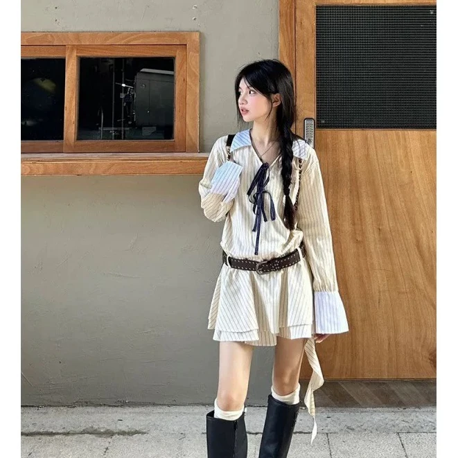 学院风气质显瘦条纹衬衫连衣裙#8048