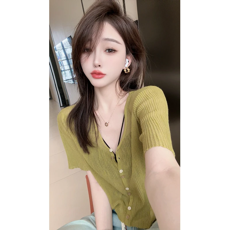 【CHEN】繁浮洋气v领短袖冰丝针织上衣开衫X24512