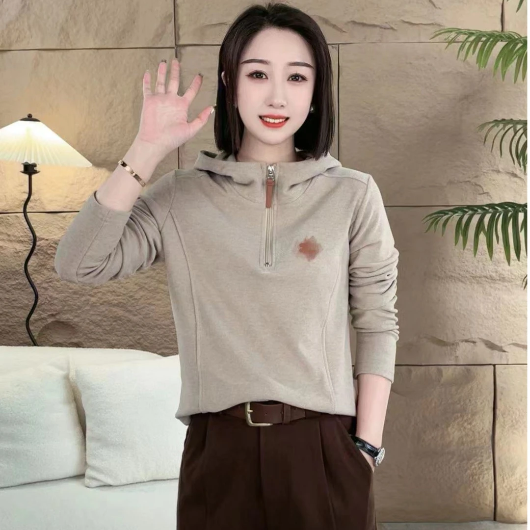 新款帽衫德绒图标卫衣单色肩线拉链中领微胖长袖时尚百搭上衣
