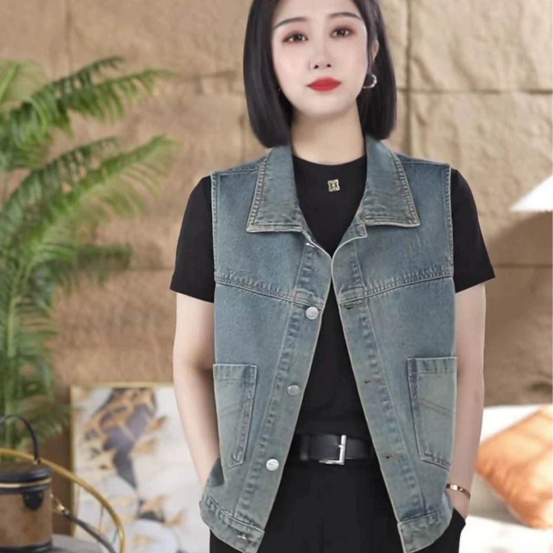 无标新款时尚牛仔马甲上衣女显瘦牛仔色口袋蓝色衬衫领小外套马夹