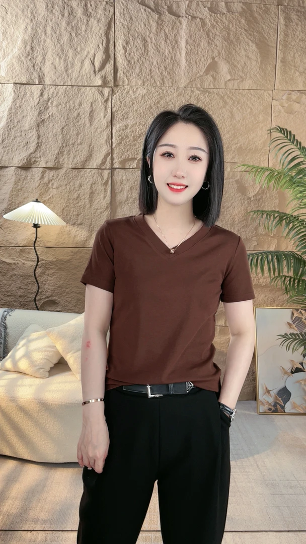 早春基础通用短袖打底多色大码简约时尚高级v领上衣打底衫T恤