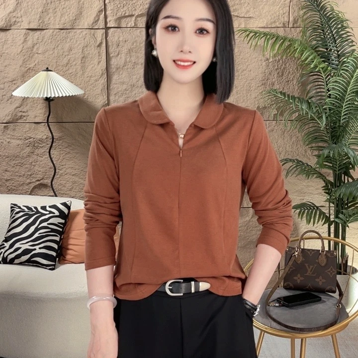 2024秋季新款门襟隐形拉链翻领显瘦百搭时尚休闲纯色简约长袖上衣