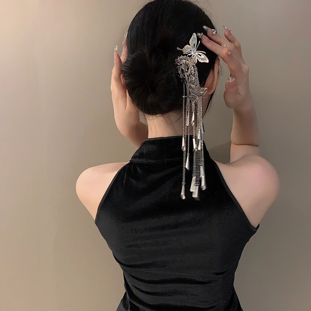 新中式蝴蝶发簪女生金属发叉簪子头饰后脑勺古风高级感发钗流苏