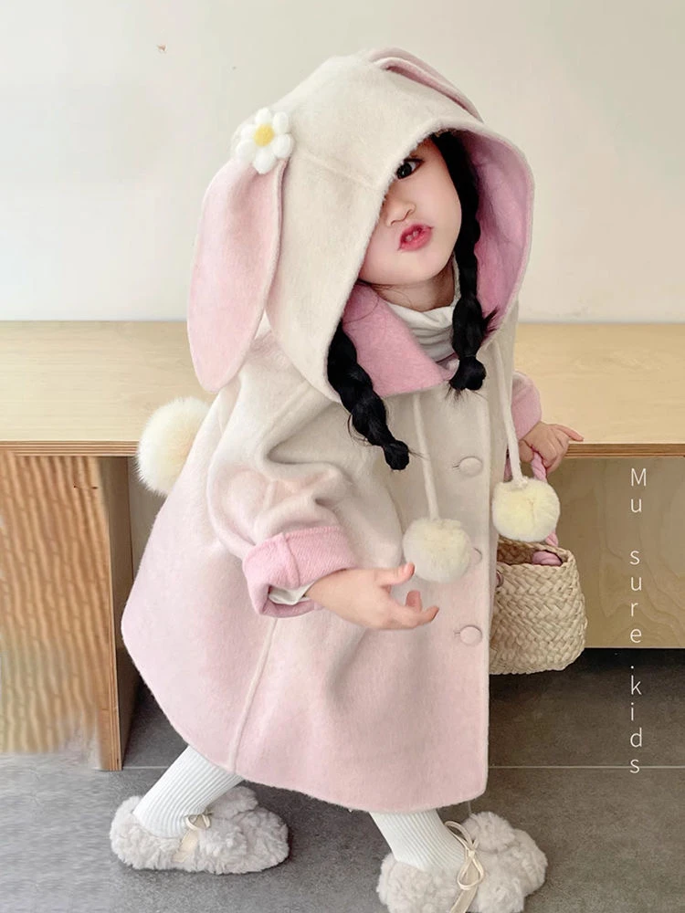 韩版女童2024秋冬新款甜美杏粉渐变呢大衣女宝宝可爱小兔连帽外套