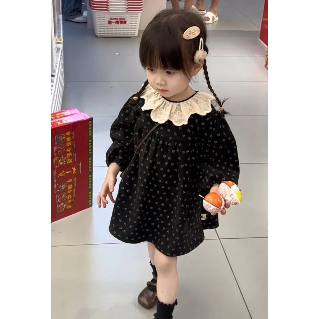 韩版女童2024新品秋季森系连衣裙女宝复古可爱碎花蕾丝圆领公主裙