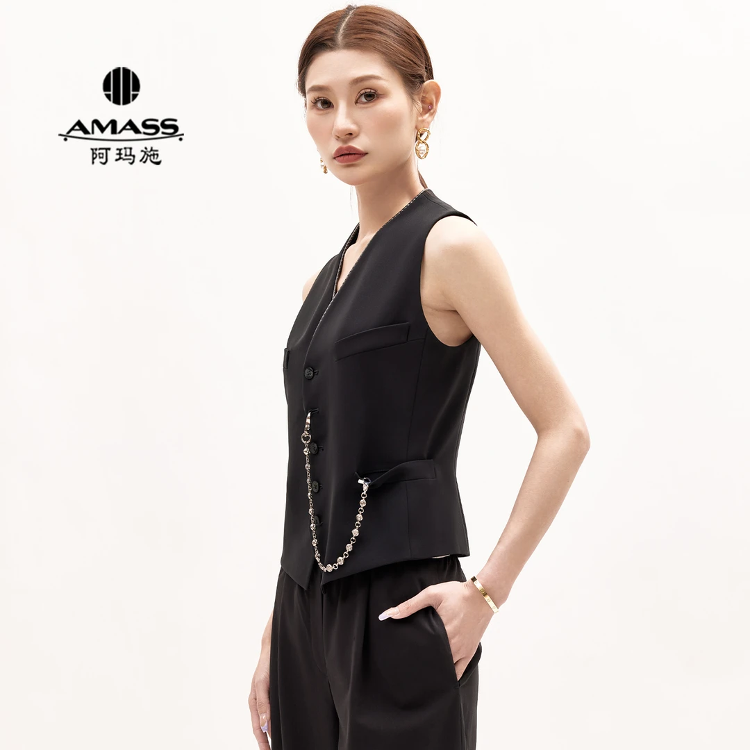 AMASS/阿玛施通勤利落V领链条设计气质短款时尚马甲5400780-2491-