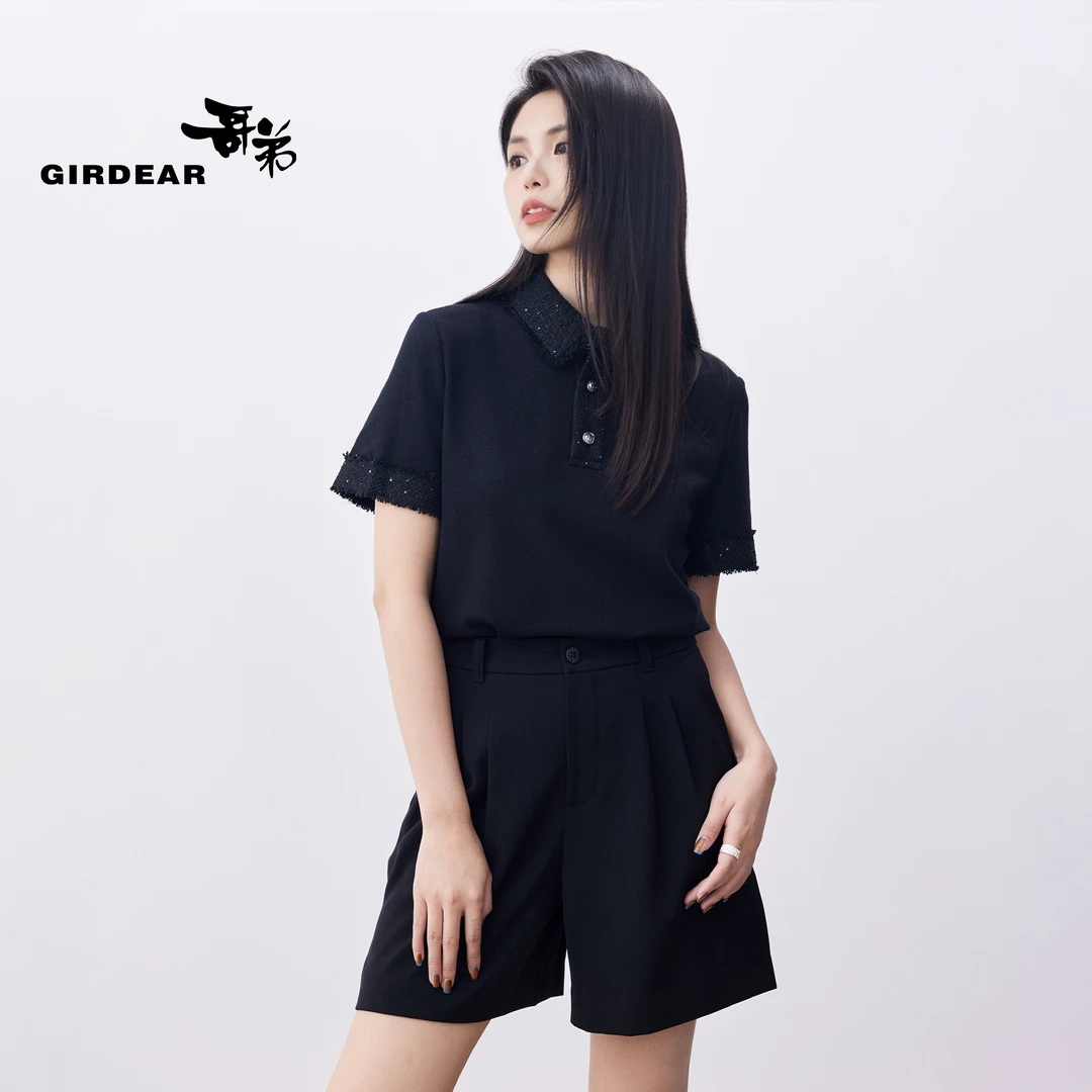GIRDEAR/哥弟气质复古拼接小香风翻领短袖PoloT恤衫1300924-42192