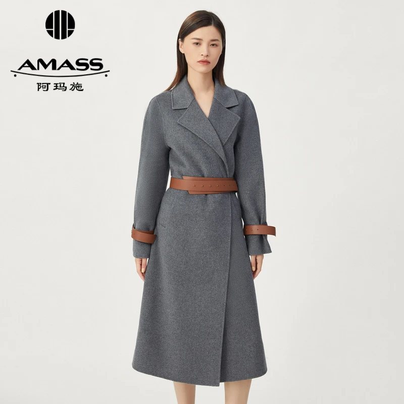 AMASS/阿玛施100%绵羊毛轻奢气质皮扣简约长款双面呢大衣-5400595