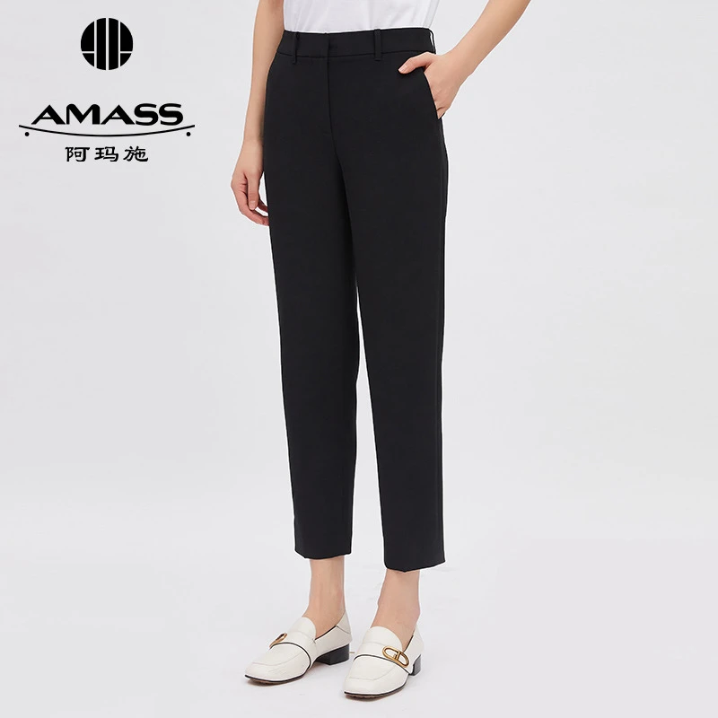 AMASS/阿玛施款西装裤高档质感九分直筒裤黑色中腰烟管裤5100302