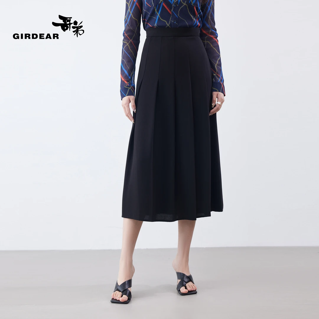 GIRDEAR/哥弟夏季垂感冰丝醋纤法式赫本显瘦百褶裙半身裙1200325-