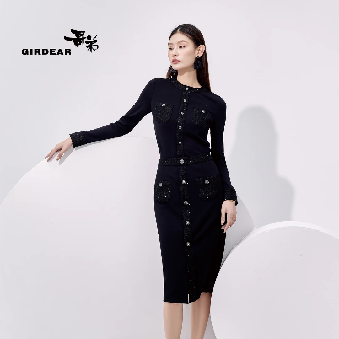 GIRDEAR/哥弟小香风粗花呢拼接气质显瘦高腰中裙1200345-2055211-