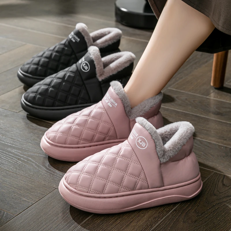 女士冬季包跟休闲居家室内鞋皮面防水防滑保暖厚绒厚底外穿棉鞋男