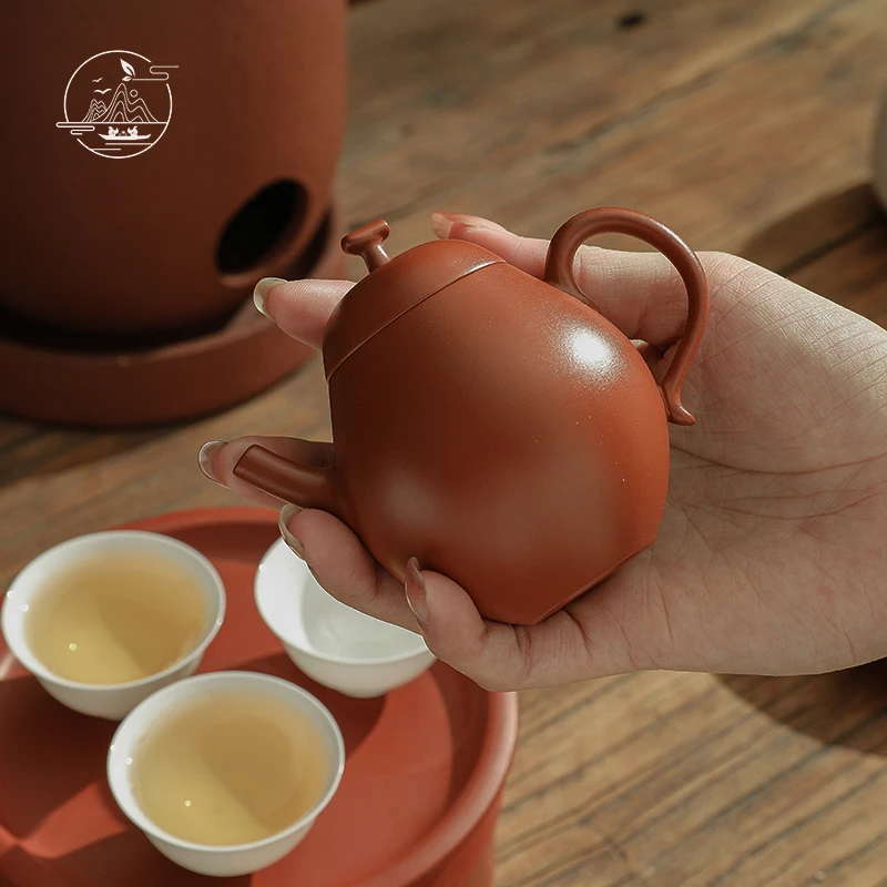 潮州朱泥手拉壶紫砂壶茶壶泡茶壶冲灌手工复古单壶潮汕茶具复古