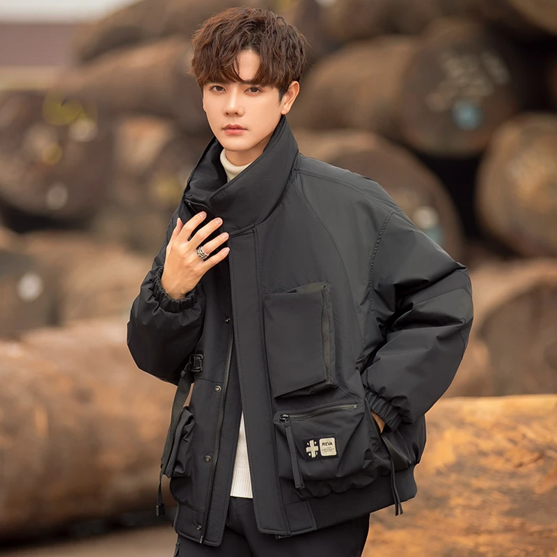 防风工装男士羽绒服冬季2023新款青少年潮牌夹克短款加厚立领外套