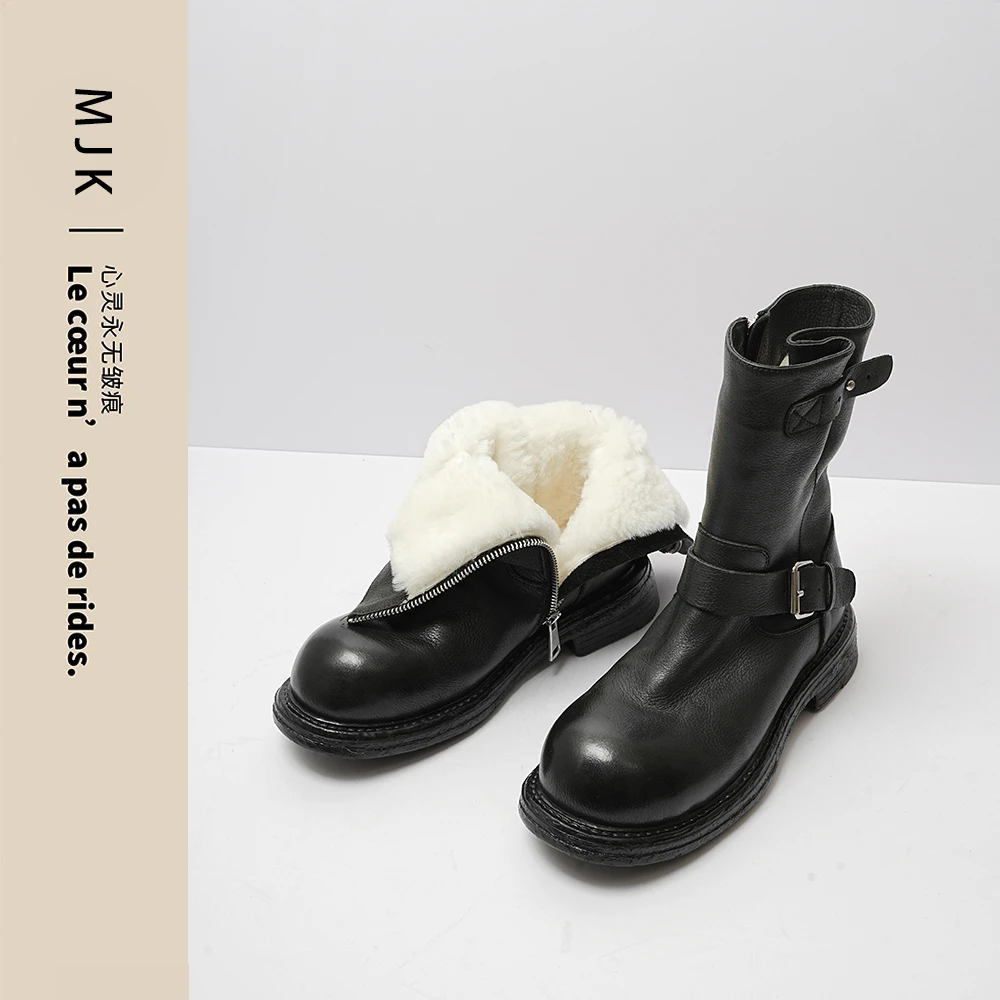 【金金专属】皮毛一体雪地靴女平底真皮中筒靴厚底保暖圆头加厚羊毛
