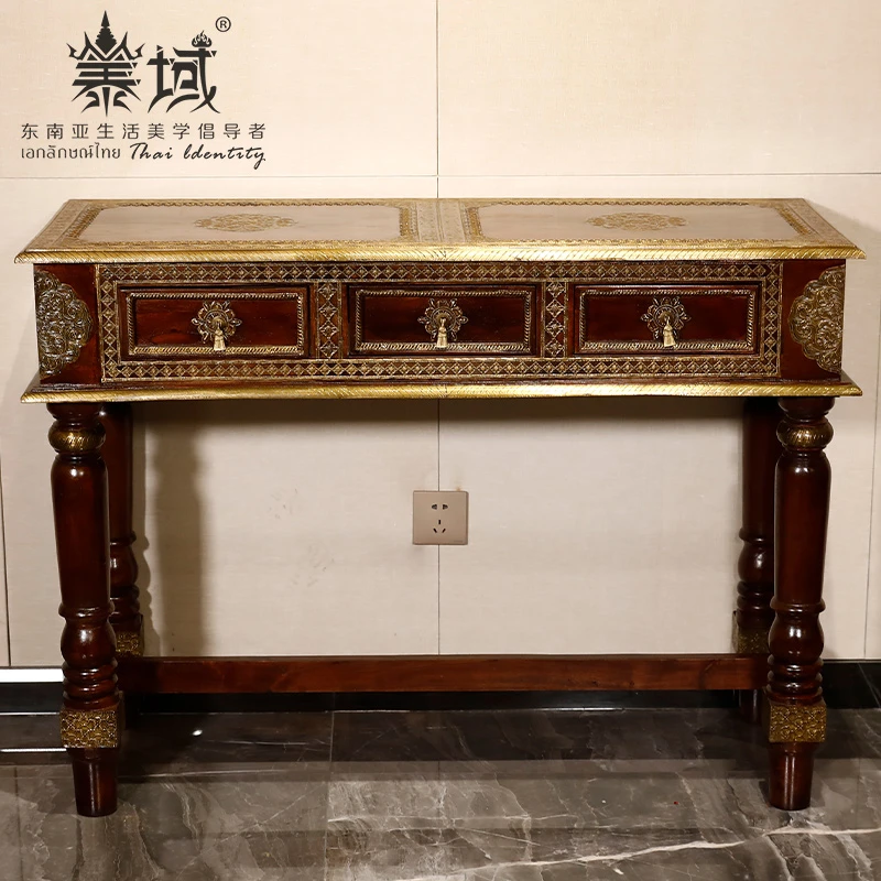 泰域印度铜包木玄关柜雕花客厅玄关桌子东南亚风格家具E2-290