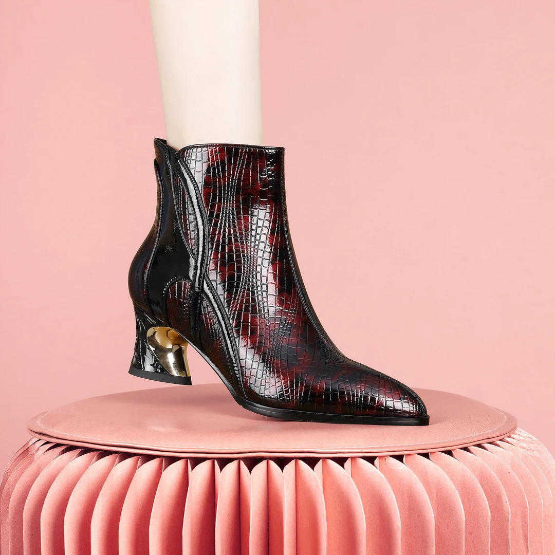 梵芮诗秋冬尖头格子纹装饰拼色气质绒里百搭中粗跟女短靴-J0366