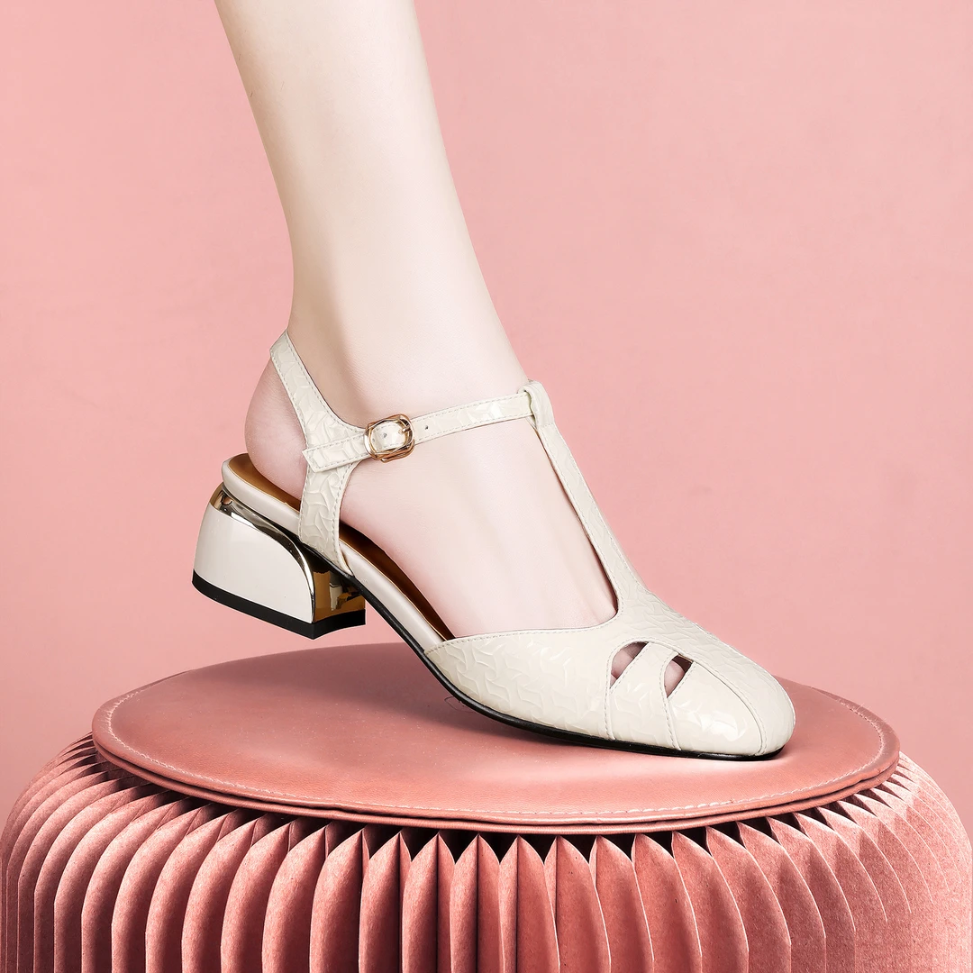 梵芮诗2024夏季新款方头浅口镂空透气舒适简约百搭粗跟凉鞋-Y159