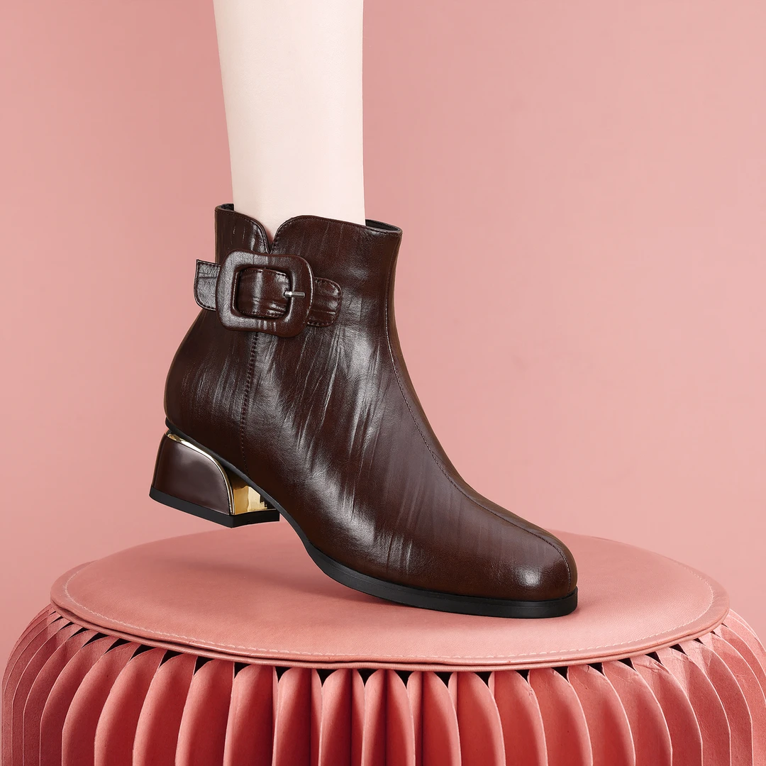 梵芮诗2024年冬季方头新款纯色百搭简约舒适保暖粗跟短靴-H1132