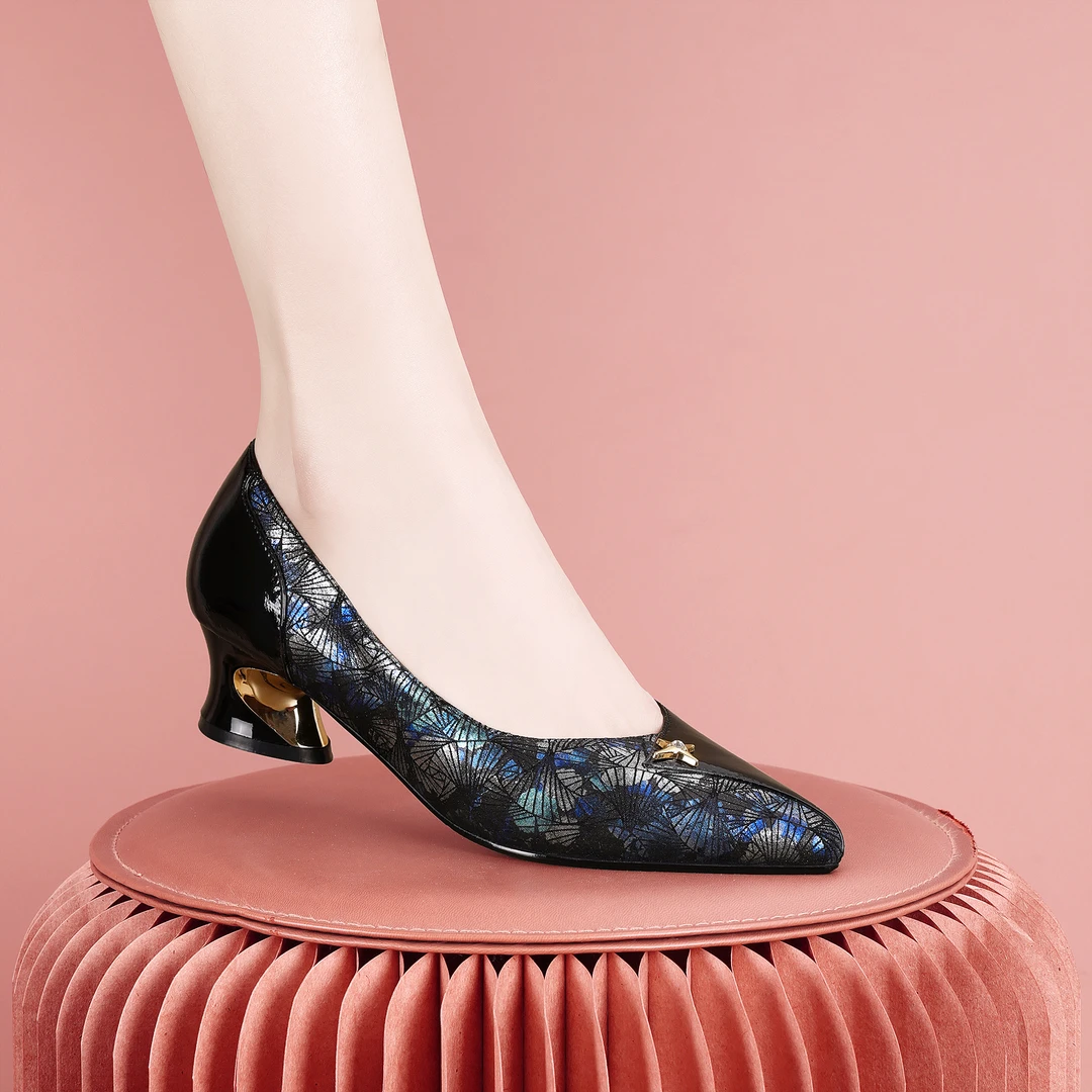 梵芮诗2024年新款秋季气质高级感拼色舒适仙女风粗跟单鞋-J1084