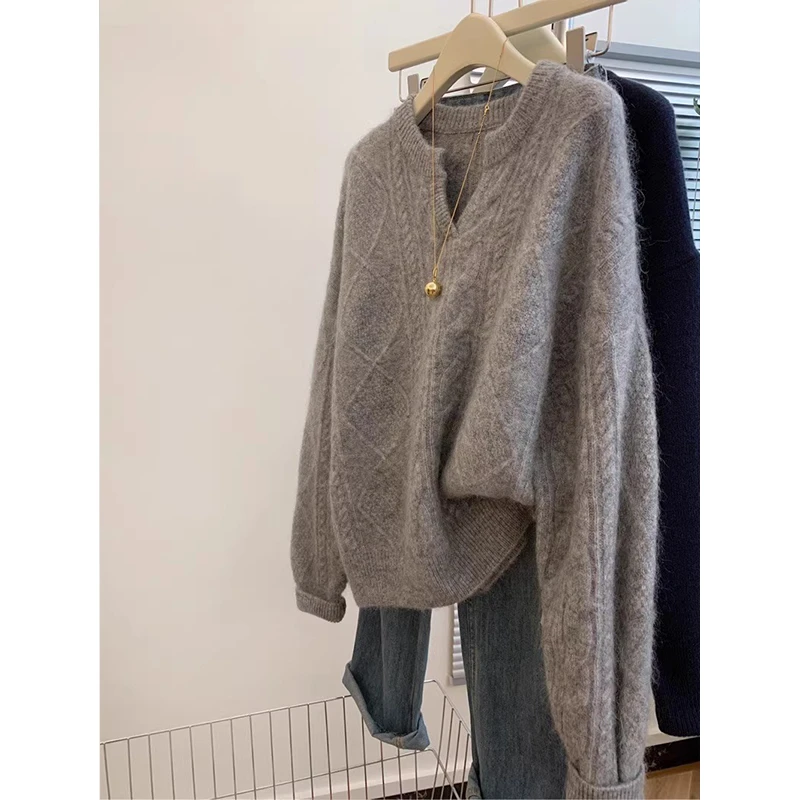 灰色浣熊绒v领麻花套头毛衣女冬季秋冬加厚宽松慵懒风韩版针织衫