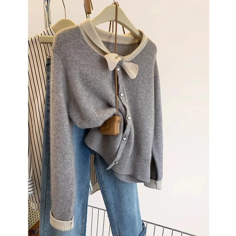 慵懒风灰色蝴蝶结套头针织衫女秋冬小个子内搭打底衫毛衣高档上衣