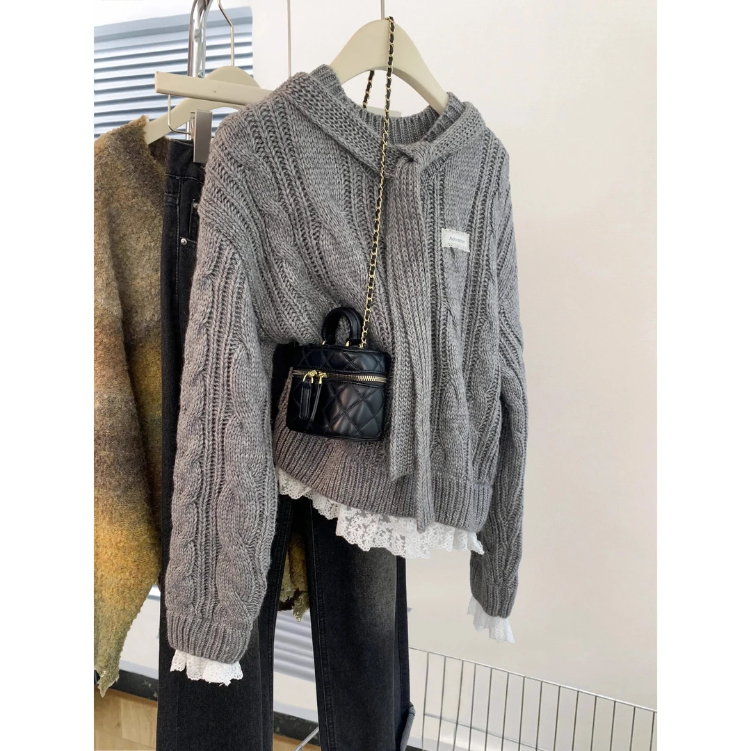 灰色连帽套头毛衣女秋冬冬季2024新款慵懒带帽针织衫卫衣上衣加厚